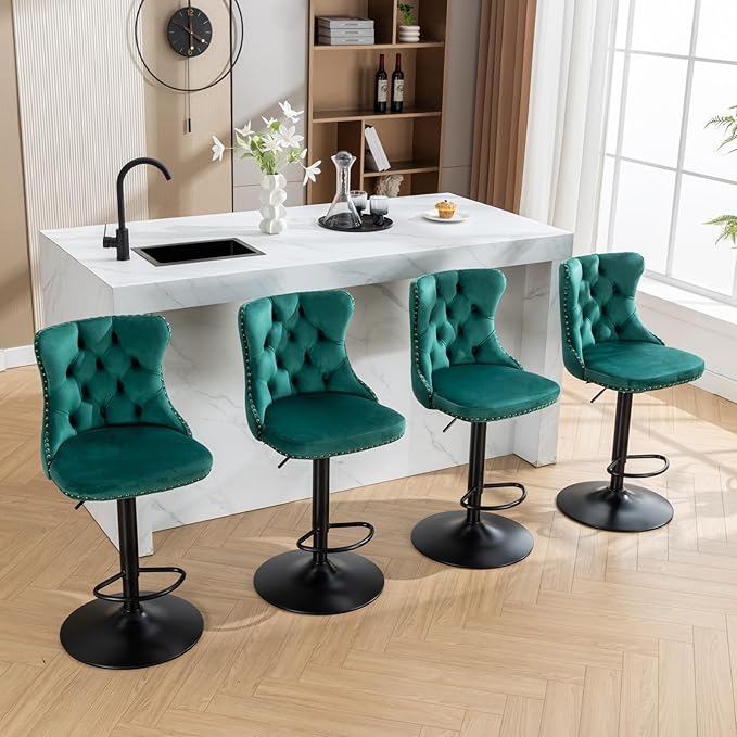 KEIKI Swivel Velvet Barstools，Upholstered Chairs Set of 2, Adjusatble Seat Height from 25-33 Inch for Home Pub, Kitchen Island, Green
