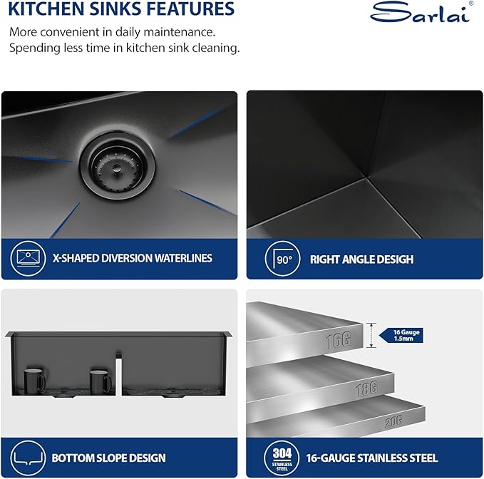 Sarlai 36 Inch Undermount Kitchen Sink Double Bowl Low Divided Large Workstation Gunmetal Black Sink Stainless Steel 16 Gauge 50/50 Sinks Double Basin