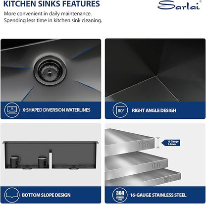 Sarlai 36 Inch Undermount Kitchen Sink Double Bowl Low Divided Large Workstation Gunmetal Black Sink Stainless Steel 16 Gauge 50/50 Sinks Double Basin
