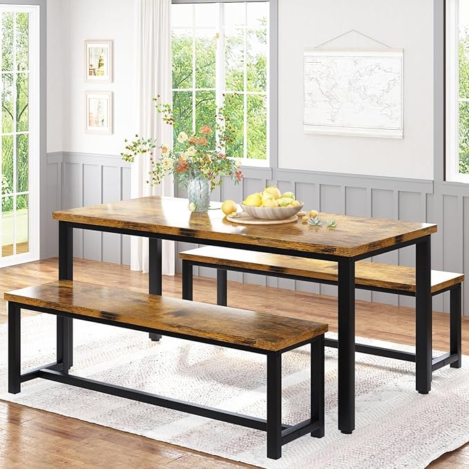 Recaceik 47” Dining Table Set for 4, 3-Piece Kitchen Table with 2 Benches, Wood Kitchen Table and Chair Set, Space-Saving Dining Room Set Dinette Set for Breakfast Nook and Small Space, Rustic Brown