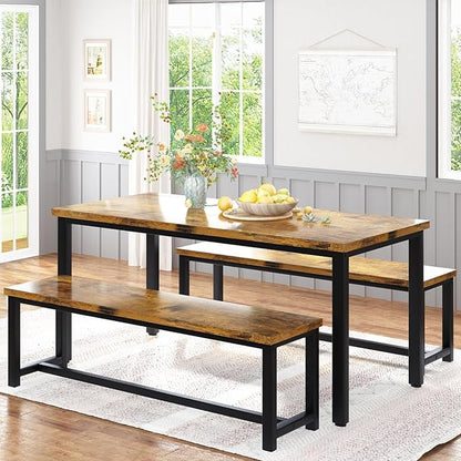 Recaceik 47” Dining Table Set for 4, 3-Piece Kitchen Table with 2 Benches, Wood Kitchen Table and Chair Set, Space-Saving Dining Room Set Dinette Set for Breakfast Nook and Small Space, Rustic Brown