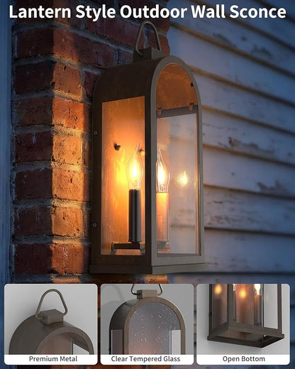 Outdoor Wall Light Fixtures, 2-Light Porch Lights Outdoor, Matte Bronze Exterior Waterproof Wall Sconce with Glass Shade, Outside Lantern for House Doorway Patio Entryway, E12 Socket, 2 Pack