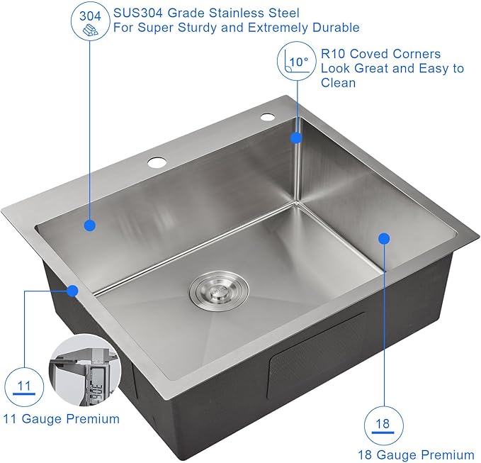 MENATT 25 x 22 Inch Drop In Kitchen Sink, 18 Gauge T-304 Stainless Steel Handmade Single Bowl 1 Faucet Hole Topmount Kitchen Sink, Brushed
