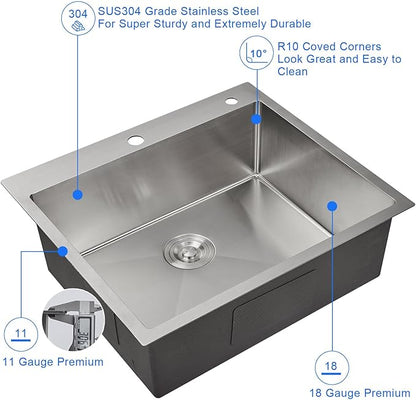 MENATT 25 x 22 Inch Drop In Kitchen Sink, 18 Gauge T-304 Stainless Steel Handmade Single Bowl 1 Faucet Hole Topmount Kitchen Sink, Brushed