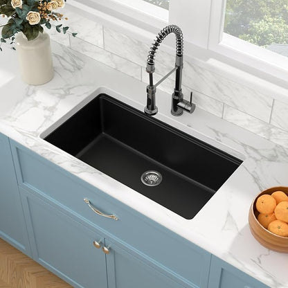 Sarlai 33 Granite Composite Kitchen Sink - 33 x 19 inch Black Undermount Granite Sink Ledge Workstation Matte Black Granite Composite Quartz Single Bowl Under Counter Sinks Basin