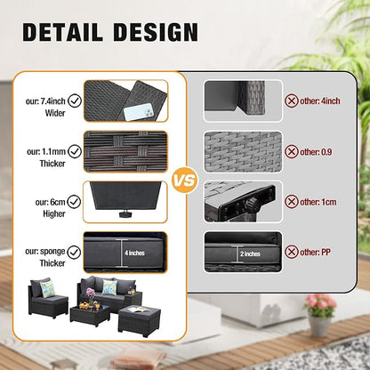 JOYURE 8 Pieces Patio Furniture Set All-Weather Outdoor Wicker Sectional Conversation Sofa Rattan Patio Seating Sofa with Cushion and Glass Table for Porch Poolside,Grey
