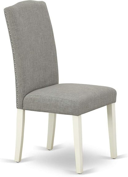 East West Furniture ENP2T06 Encinal Parson Dining Chairs - Nailhead Trim Dark Shitake Linen Fabric Padded Chairs, Set of 2, Linen White
