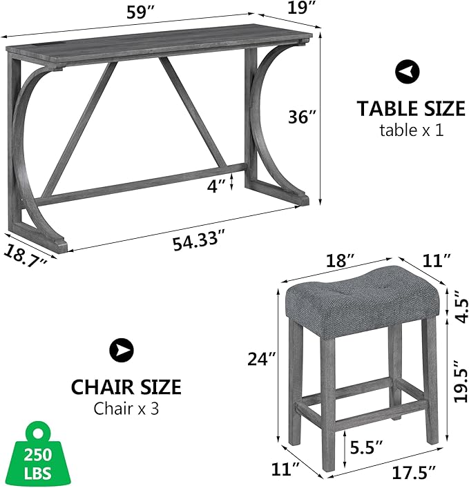 Betoko Counter Height Table and Chairs Set, Breakfast Nook Bar Table with Outlet and Chairs, Dining Room Bar Table and Chairs for Kitchen, Grey