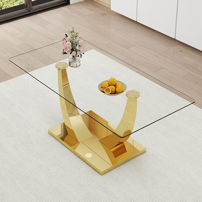 71” Glass Dining Table, Modern Dining Room Table for 6-8, Luxury Gold Kitchen Table with U-Shaped Metal Legs, 0.4” Tempered Glass Top for Elegant Dining Room Spaces