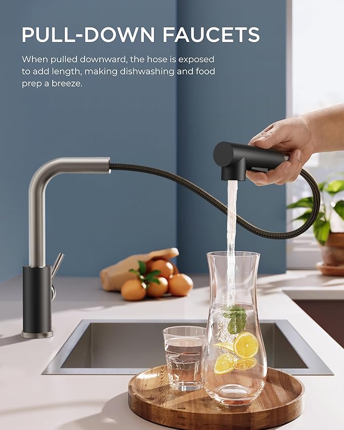 FORIOUS Kitchen Faucets with Pull Down Sprayer, Stainless Steel Single Handle Classic Pull Out Sink Faucet for Farmhouse Laundry RV Bar, with Deck Plate for 1 or 3 Holes, Black Brushed