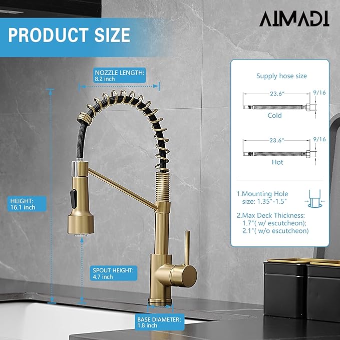 Gold Kitchen Faucet with Sprayer,AIMADI Modern Single Handle Spring Brushed Gold Pull Down Kitchen Faucet with LED Light