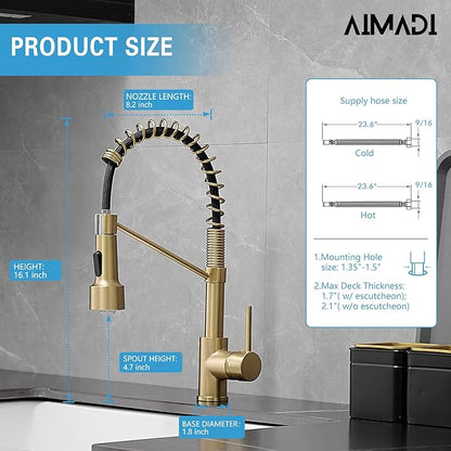 Gold Kitchen Faucet with Sprayer,AIMADI Modern Single Handle Spring Brushed Gold Pull Down Kitchen Faucet with LED Light