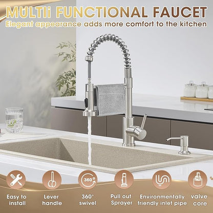 Faucets for Kitchen Sink with Sprayer, Brushed Nickel High Arc Single Handle Spring Stainless Steel Kitchen Sink Faucet with Soap Dispenser, Utility Ideal for RV Laundry Commercial & Camper