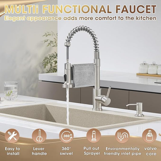Faucets for Kitchen Sink with Sprayer, Brushed Nickel High Arc Single Handle Spring Stainless Steel Kitchen Sink Faucet with Soap Dispenser, Utility Ideal for RV Laundry Commercial & Camper