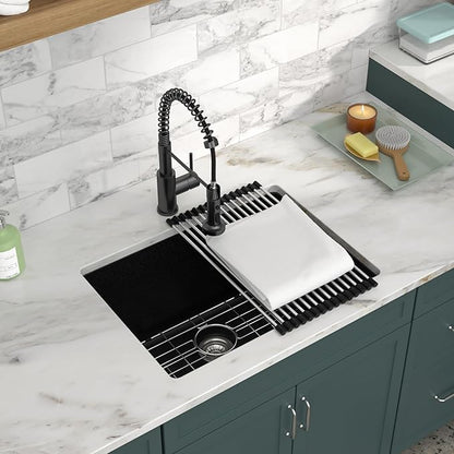 24x18 Inch Undermount Laundry Sink, Black Granite Composite Quartz Sink, 12 Inch Deep Single Bowl Utility Sink, Non-Porous, Scratch Resistant, Easy to Clean, Modern Sink for Laundry Room
