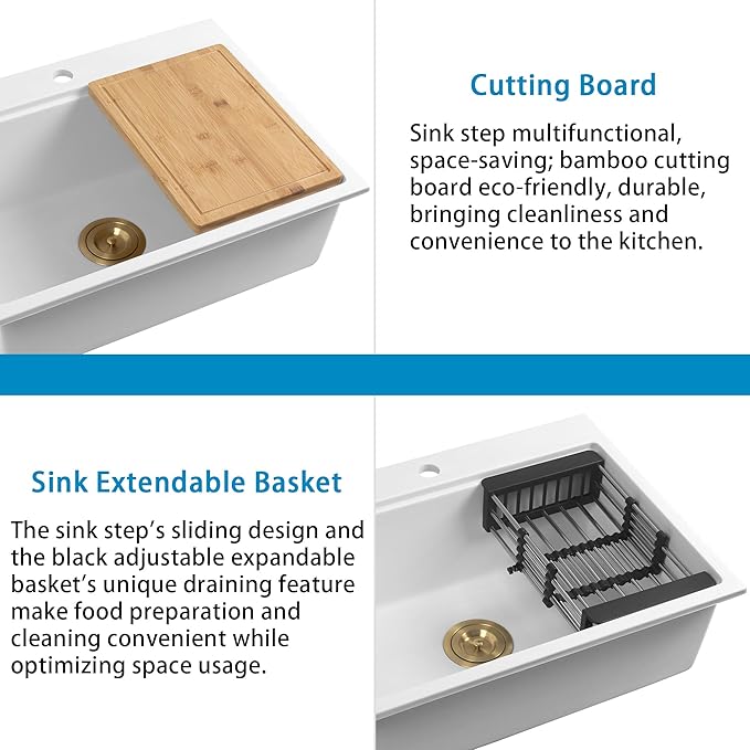 White Drop in Kitchen Sink 25 Inch - Undermount Granite Quartz Composite Workstation Sink - Deep Single Bowl,Dual Mount,with Accessories (White, 24.81" X 19.29")