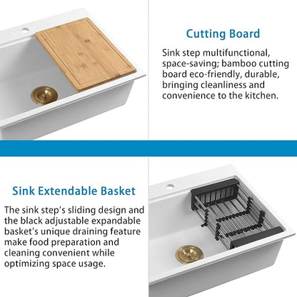 White Drop in Kitchen Sink 25 Inch - Undermount Granite Quartz Composite Workstation Sink - Deep Single Bowl,Dual Mount,with Accessories (White, 24.81" X 19.29")