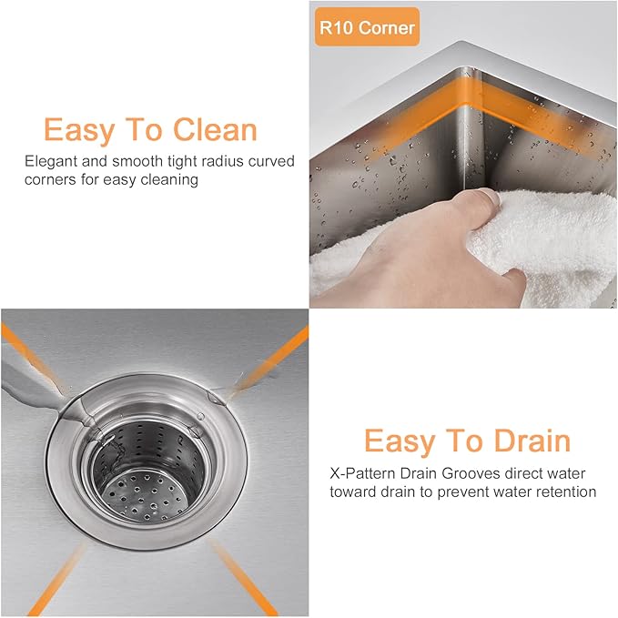 ROVATE 18 inch Kitchen Sink Undermount, Small Bar or Prep Sink, Handmade Single Bowl T-304 Stainless Steel Small Wet Bar Sinks with Strainer