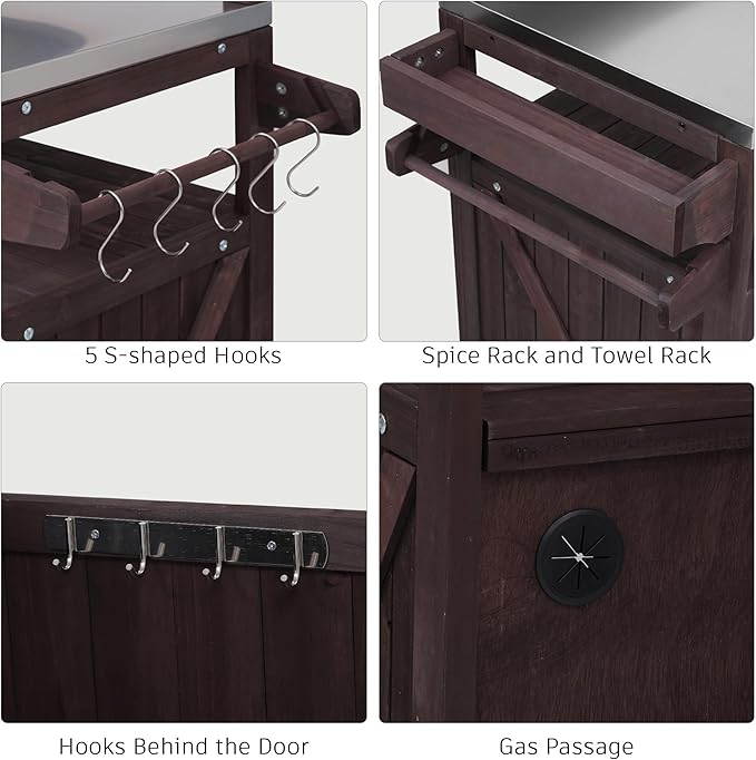 YOPTO 53.3" Outdoor Kitchen Island with Raised Shelf,Solid Wood Grill Cart,Stainless Steel Top,Adjustable Shelf,Spice Rack,Lockable Wheels,Brown