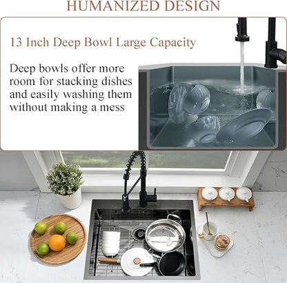 25 Inch Black Drop In Laundry Sink-Bokaiya 25x22 Stainless Steel Drop In Kitchen Sink with Faucet Combo Laundry Room Utility Sinks 16 Gauge Single Bowl 13" Deep Kitchen Sink