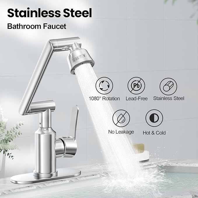 Bathroom Sink Faucet, FunnyAir Stainless Steel 1080° Rotatable Faucet for Sink 1 Hole or 3 Holes, Modern Style Single Handle Bathroom Faucets with Hot and Cold Hoses, Silver