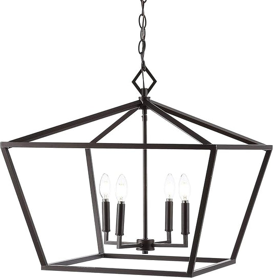 JONATHAN Y 23" Oil Rubbed Bronze 4-Light Rustic Glam Adjustable Iron LED Pendant, Open Cage Lantern Hanging Light for Dining Room, Kitchen Island, Foyer, Farmhouse French Country (JYL7520B)