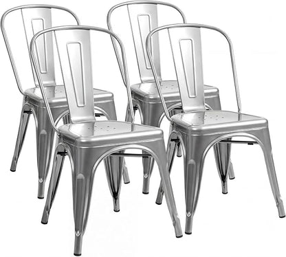 Shahoo Metal Dining Chairs Classic Iron Stackable Industrial Vintage Trattoria with Back, Indoor-Outdoor Side Settee for Home Bistro Cafe Kitchen Restaurant Set of 4, Sliver