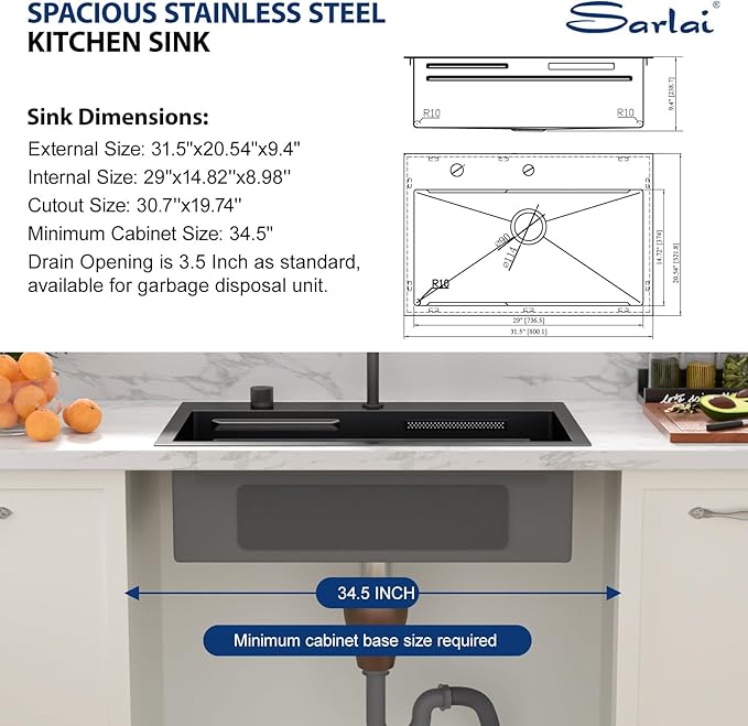Sarlai 31 Inch Black Waterfall Kitchen Sink Drop In - 31x20 Inch Drop In Waterfall Sink Ledge Workstation Black Stainless Steel 16 Guage Single Bowl Kitchen Sinks Basin