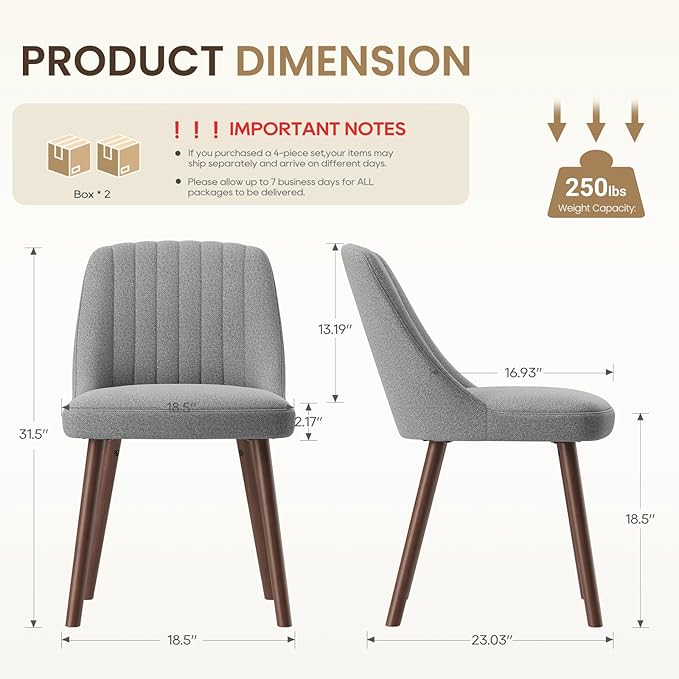 MALOL Upholstered Dining Chairs Set of 4, Modern Fabric Kitchen Chairs with Back, Wood Legs for Kitchen Dining Room Restaurant, Grey