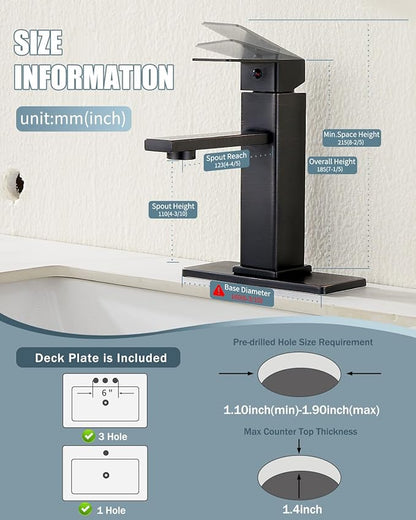 Bathroom Sink Faucet, Oil Rubbed Bronze Bathroom Sink Faucets & Parts(Pop-up Drain+6" Escutcheon Plate+Supply Hoses), Single Handle for Modern Farmhouse RV Sink