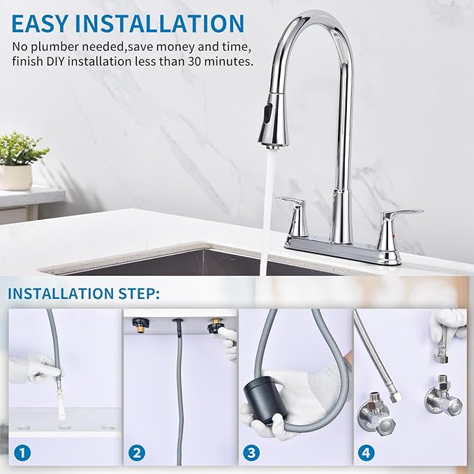 HOMELODY 2 Handles Kitchen Faucet with Pull Down Sprayer for 3 Hole Sink, 8 inch 360° Rotating Spout Centerset Kitchen Sink Faucet with Water Lines Chrome