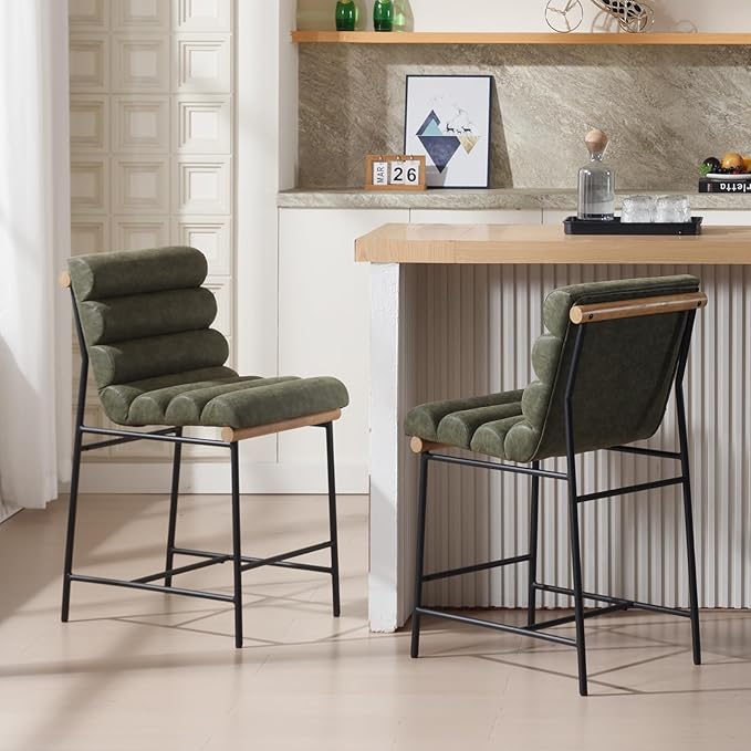 Green Pu Leather Bar stools Set of 4, 25” Modern Upholstered Counter stools with Black Metal Legs, Armless Counter Height Chairs with Channel Tufted Back for Kitchen Island Home Pub