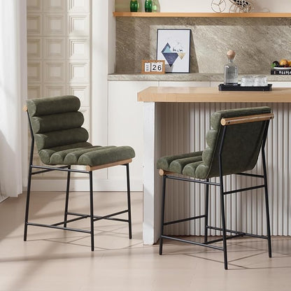 Green Pu Leather Bar stools Set of 4, 25” Modern Upholstered Counter stools with Black Metal Legs, Armless Counter Height Chairs with Channel Tufted Back for Kitchen Island Home Pub