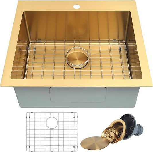 Gold Kitchen Sink 25"x22",Drop In Laundry Utility Sink,25 Inch Gold Sink 16 Gauge Stainless Steel,Top Mount Single Bowl Deep Kitchen Sinks