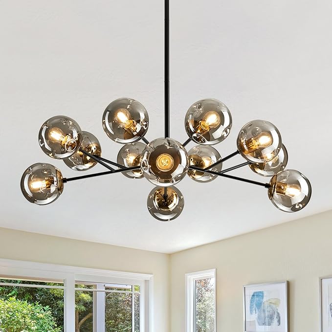 SZXYKEJI 12-Light Glass Chandelier，Large Sputnik Chandeliers for High Ceilings， Rustic Ceiling Lighting Fixture Pendent Light for Kitchen Dining Room Living Room Bedroom Office （Black）.
