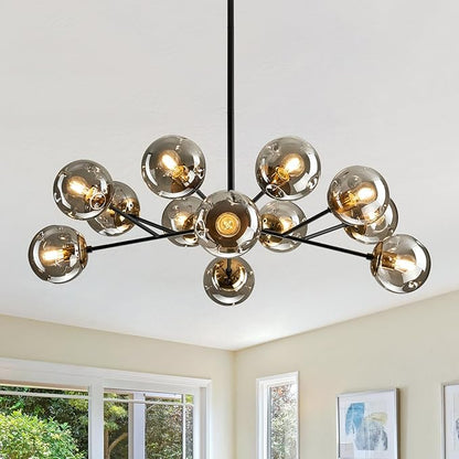 SZXYKEJI 12-Light Glass Chandelier，Large Sputnik Chandeliers for High Ceilings， Rustic Ceiling Lighting Fixture Pendent Light for Kitchen Dining Room Living Room Bedroom Office （Black）.