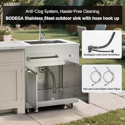 BODEGA Stainless Steel Commercial Restaurant Sinks Cabinet and Outdoor Kitchen Cabinet for Refrigerator Combo, Freestanding Utility Sink with Brake-Wheels & Spice-Rack, for Home, Kitchen, RV.