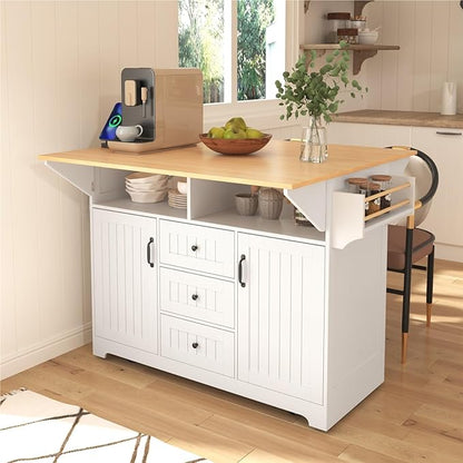 Large Kitchen Island with 2 Drop Leaf Rolling Cart with Power Outlet Folding Storage Dining Table with Spice and Towel Rack Practical(White)