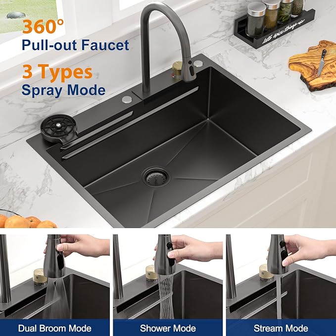 Sarlai black Waterfall Kitchen Sink - 28x22 Black Waterfall Drop In Workstation Sink Stainless Steel 16 Gauge Sinks Multifunction Single Bowl Smart Top Mount Kitchen Sinks with Faucet Combo