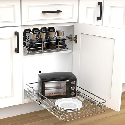 Pulloutor Pull Out Cabinet Organizer - 11" W x 21" D, Slide Out Kitchen Cabinet Storage Shelf and Drawer Organizer, For Home, Pantry, Bathroom, Chrome Finish