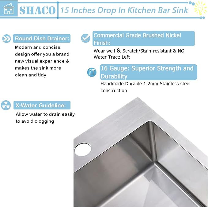 SHACO 15x15 Inch Drop In Bar Sink,15 Inch Stainless Steel Top mount Small Single Bowl Kitchen Bar Sink,16 Gauge Brushed Nickel Small Kitchen Prep Sink with Strainer Drain