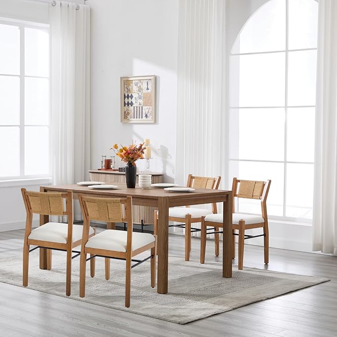 RIVOVA Farmhouse Woven Dining Chairs Set of 4 with Weave Paper Rope Back, Beige Linen Upholstered Kitchen & Dining Room Chairs with Natural Wood Legs, Mid-Century Armless Kitchen Side Chair