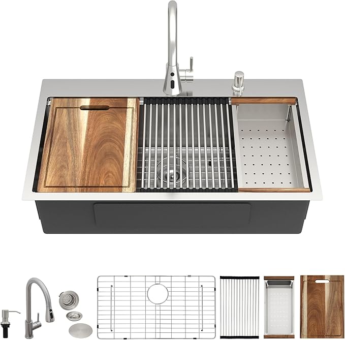 33 Kitchen Sink Drop In - Fulorni 33"x19" Ledge Workstation Top Mount 16 Gauge 304 Stainless Steel Over Mount Single Bowl Sink Basin with Faucet, Soap Dispenser