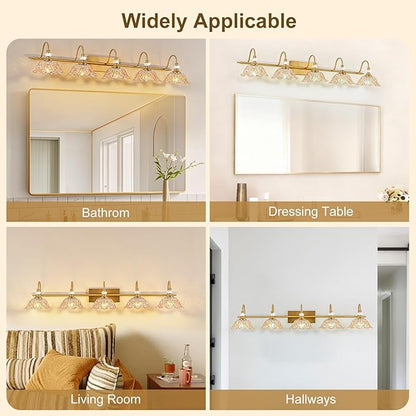 Vintage Bathroom Vanity Light, 5-Light Matte Brass Finish Vanity Light with Floral Amber Glass Shades, Retro Wall Mount Lighting for Bathroom, Living Room