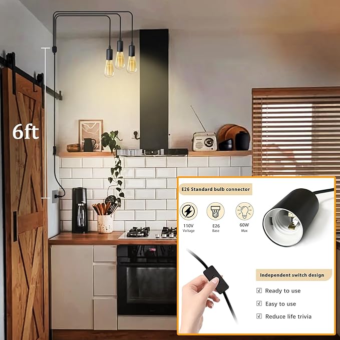 3 Light Plug in Pendant Light, 10ft Black Hanging Lights Cord with On/Off Switch, E26 Vintage Industrial Hanging Lamp Fixtures for Kitchen Island Farmhouse, Bulb Not Included