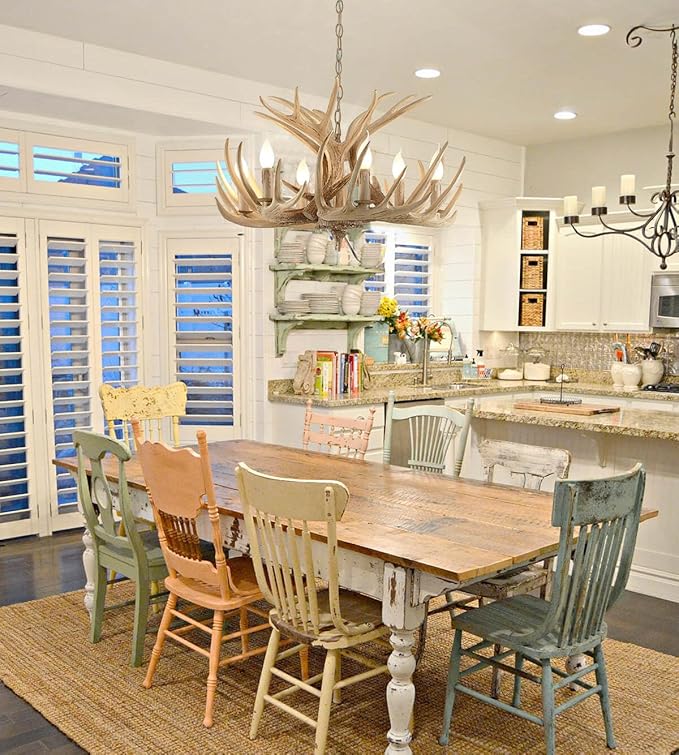 Rustic Antler Chandelier Lighting,Retro Deer Antler Chandelier 6 Light,E12 Base, Deer Horn Ceiling Pendant Light Fixtures for Home Hotel Store (6 lamp arms + 3 arms)
