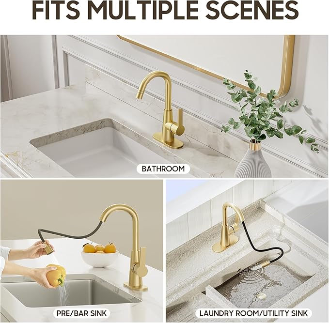Phiestina Brushed Gold Tall Bathroom Sink Faucet with Pull Down Sprayer, High Arc Single Handle Pull Out Faucet with Pop-Up Drain, 1 or 3 Hole Laundry Bar Basin Faucet with Deck Plate,WE10CL-ZY-BG