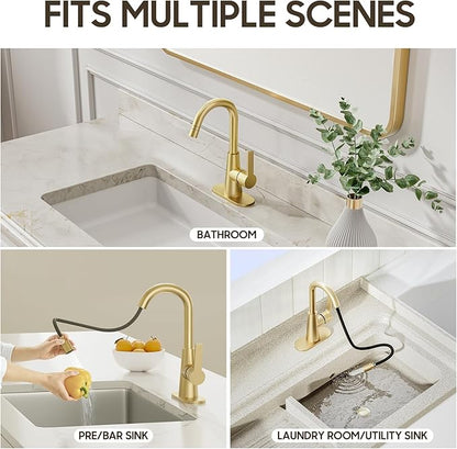 Phiestina Brushed Gold Tall Bathroom Sink Faucet with Pull Down Sprayer, High Arc Single Handle Pull Out Faucet with Pop-Up Drain, 1 or 3 Hole Laundry Bar Basin Faucet with Deck Plate,WE10CL-ZY-BG