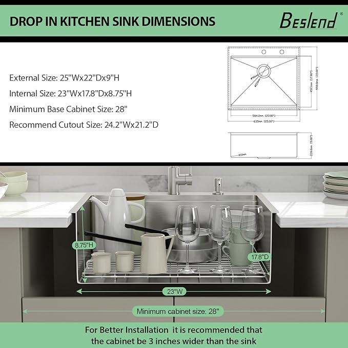 25 Drop In Kitchen Sink - Beslend 25x22 Kitchen Sink Drop In Workstation with Faucet, Stainless Steel Sinks and Soap Dispenser Topmount 16 Gauge Single Bowl Above Counter Dish Basin 9" Deep