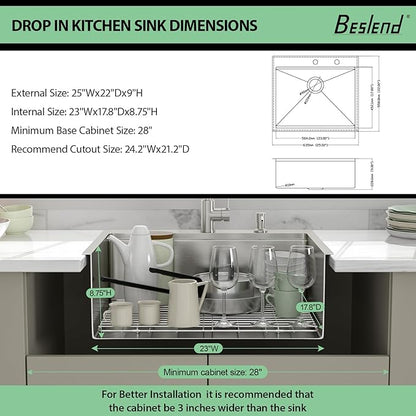 25 Drop In Kitchen Sink - Beslend 25x22 Kitchen Sink Drop In Workstation with Faucet, Stainless Steel Sinks and Soap Dispenser Topmount 16 Gauge Single Bowl Above Counter Dish Basin 9" Deep